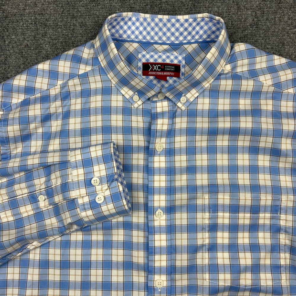 Johnston & Murphy Extreme Comfort Shirt Men XL Blue Plaid XC4 Cotton Button Down